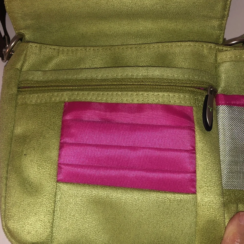 Travelon Lime Green Adjustable Strap Faux Suede Crossbody Travel Bag Size 9” H